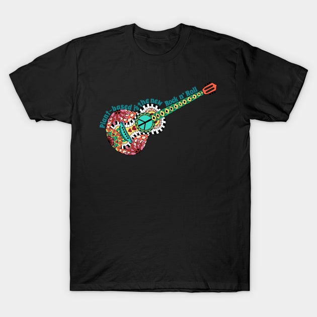 Cool Retro Guitar Design for Plant-based Vegetarian Vegan T-Shirt by Dibble Dabble Designs